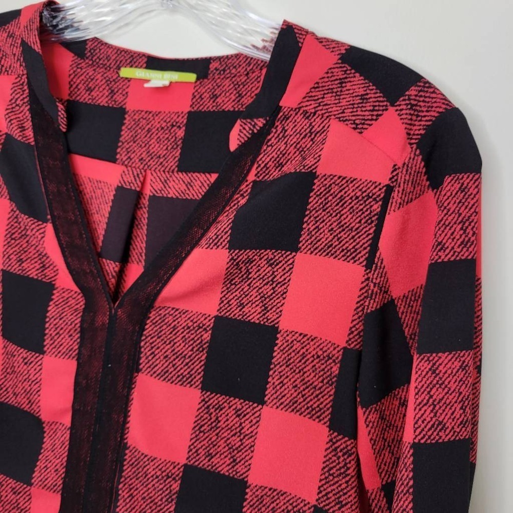 Gianni Bini Blouse XS Red Black Buffalo Plaid Lace Trim Boho Art-Inspired Blouse - Picture 2 of 9